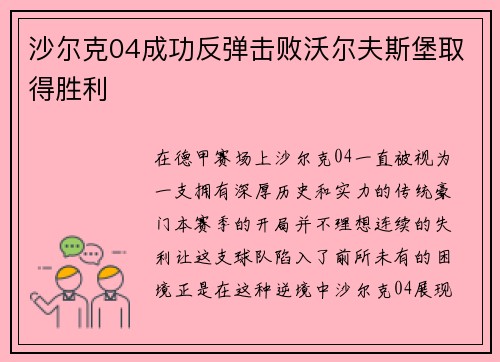 沙尔克04成功反弹击败沃尔夫斯堡取得胜利